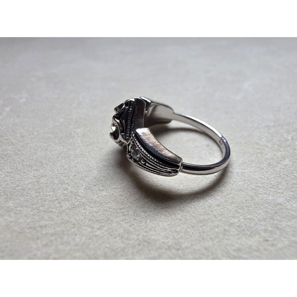 Vintage Art Deco Silver Tone Crystal‎ Geometric Filigree Ring Size 5 - Picture 3 of 6